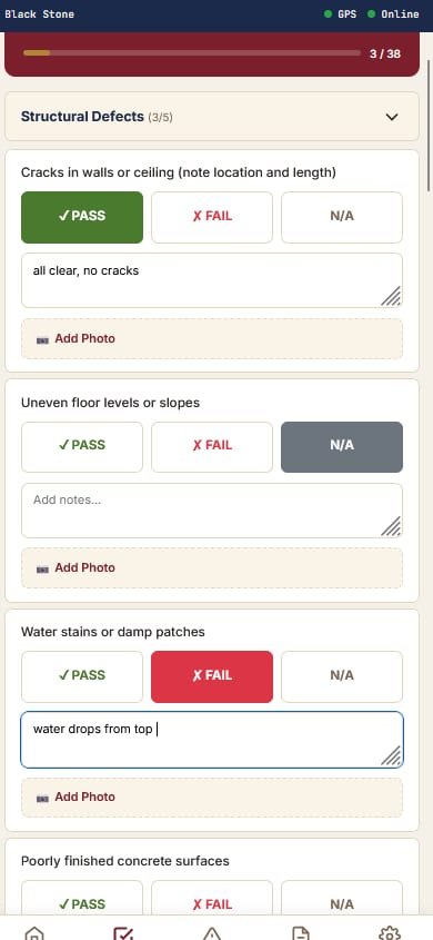 Inspection checklist points